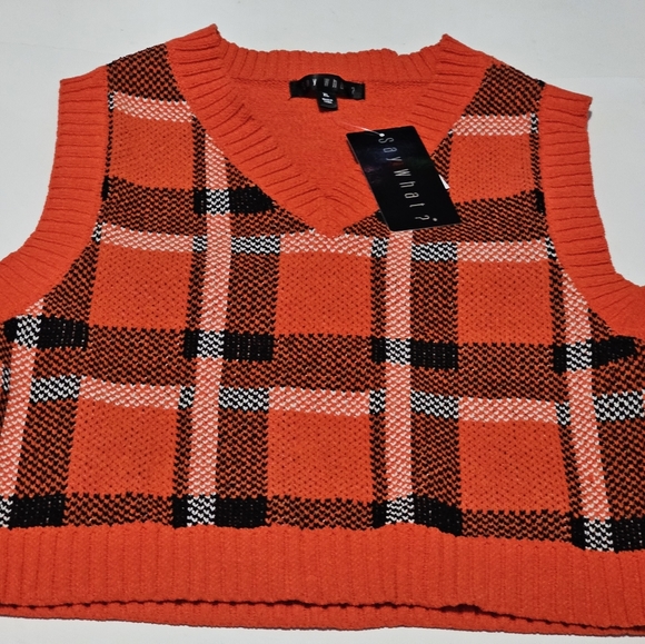 Say What Orange Plaid V Neck Crop Sweater Sleeveless Vest Size Xl NWT - Picture 5 of 12